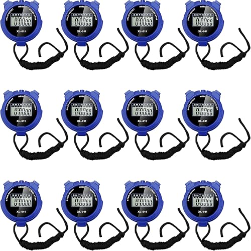 TOODOO 12 Pack Multi Function Digital Stopwatch Timer Bulk Sports Stopwatch with Lanyard Plastic Display Waterproof Date Time Alarm Timer for Coaches Fitness Referees - color: Blue