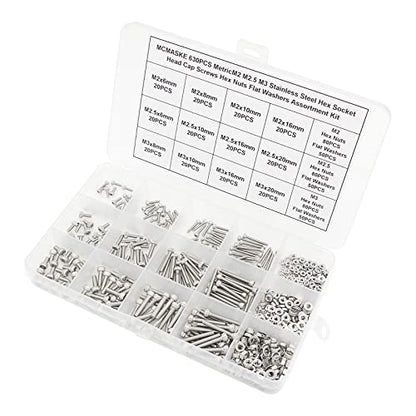 630PCS M2-M3 304 SS Knurled Socket Head Cap Screw Nut & Washer Kit - size: M2M2.5M3