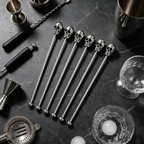 Homestia 6 Pcs 7.5'' Metal Stir Sticks, Cocktail Stirrers, Skull Halloween - color: Skull Series Silver