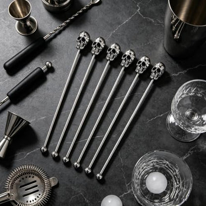 Homestia 6 Pcs 7.5'' Metal Stir Sticks, Cocktail Stirrers, Skull Halloween - color: Skull Series Silver