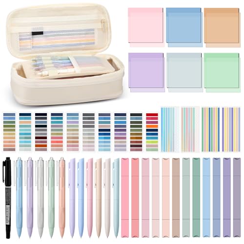 135 Pcs Book Annotation Kit with Pencil Case, 12 Pastel Highlighters, 11 Gel Pens, Fine Marker, 300 Transparent Sticky Notes, 2640 Index Tabs, Bible Study Supplies Kit(Classic,Beige) - color: Beige, style: Classic