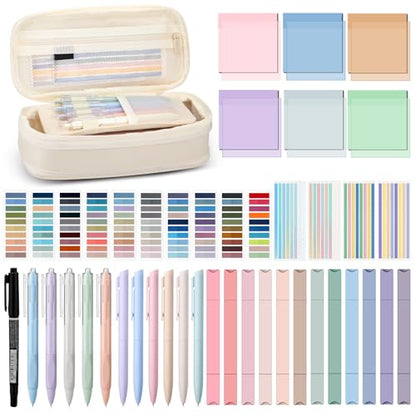 135 Pcs Book Annotation Kit with Pencil Case, 12 Pastel Highlighters, 11 Gel Pens, Fine Marker, 300 Transparent Sticky Notes, 2640 Index Tabs, Bible Study Supplies Kit(Classic,Beige) - color: Beige, style: Classic
