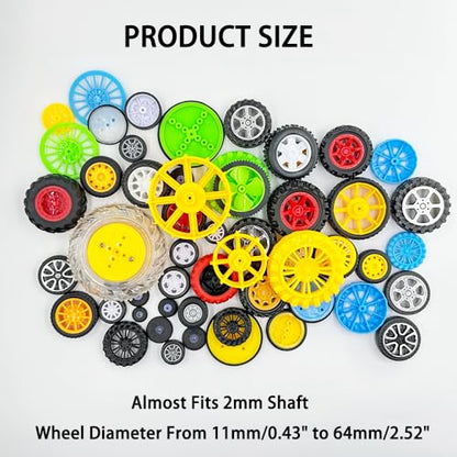 56PCS Toy Car Wheel Toy Car Platic and Rubber Tire Wheel with Metal Shaft Axles for RC Car Truck Robot DIY Model Toy Building Parts (Style 1)
