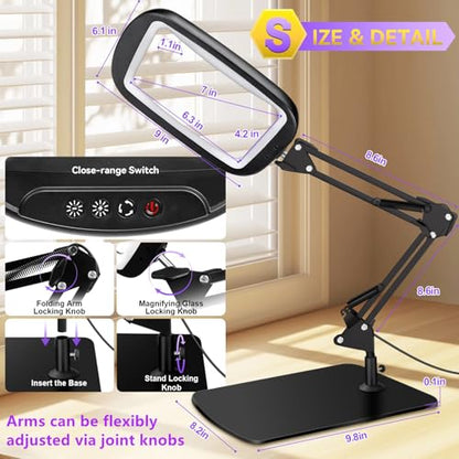 10X 30X Extra Large Magnifying Glass with Light and Stand 7-inch - color: Black