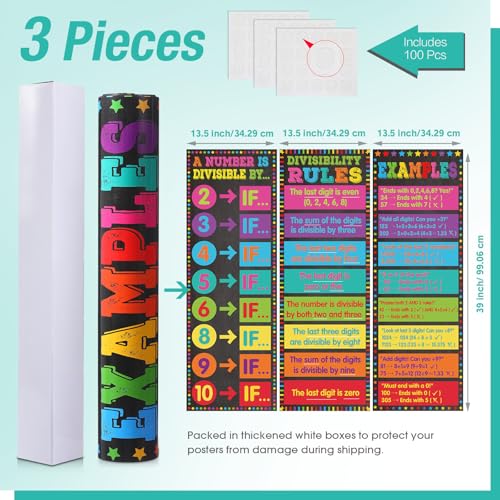 Pasimy 3 Pack Math Posters Mathematics Educational Banners Decor Math Bulletin Board Charts Mathematics Posters Wall Decor for Elementary Middle School Classroom Decorations (Divisibility) - style: Divisibility
