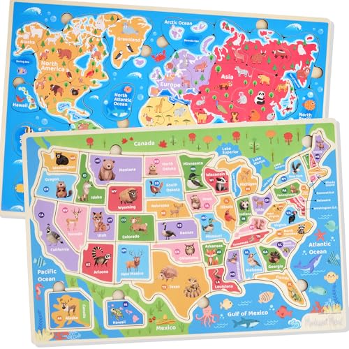 Montessori Mama Wooden Puzzles for Kids Ages 4-6, USA States and Capitols, World Continents and Oceans, Combo Set 2 Toddler Puzzles