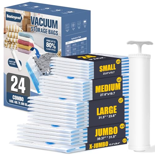 BoxLegend Vacuum Storage Bags with Large Hand Pump 24 Combo (1X-Jumbo, 4 Jumbo, 7 Large, 6 Medium, 6 Small) Thickened Vacuum Seal Bags for Clothing Blanket Pillow Comforters Bedding Quilt Coat - size: 24 Combo - Hand Pump