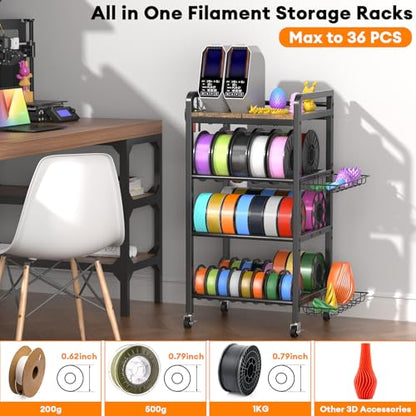 3D Printer Filament Storage Rack- 4 Tiers Filament Spool Holder, Heavy Duty 3D Printing Stand Filament Organizer with 360° Wheels, Metal Filament Stand Shelf for PLA/ABS/TPU/Nylon (Black) - color: Black