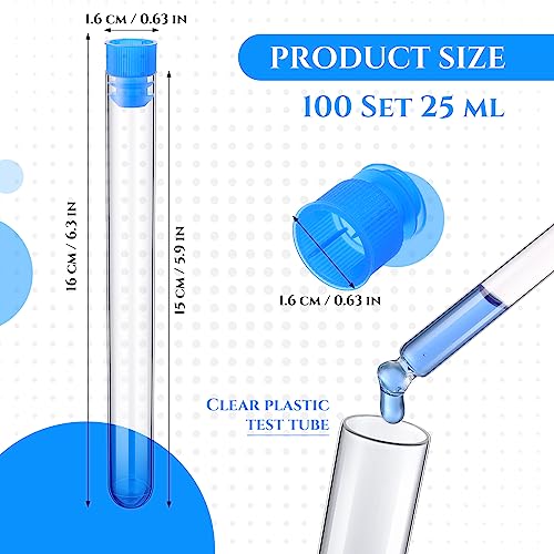 Hoteam 100 Pcs Test Tubes with Caps, 25ml 150 x 16 mm Clear Blue Lid - color: Blue Lid