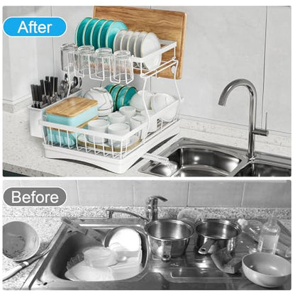 7 code 2-Tier Large Dish Drying Rack for Kitchen Counter, White - color: White