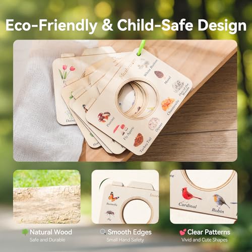 Magnifying Glass for Kids Wooden Montessori Educational Explore Toy Magnifying Glasses and Wood Bug Cards for Outdoor Adventure Birthday Gift for Boys Girls Ages 3+