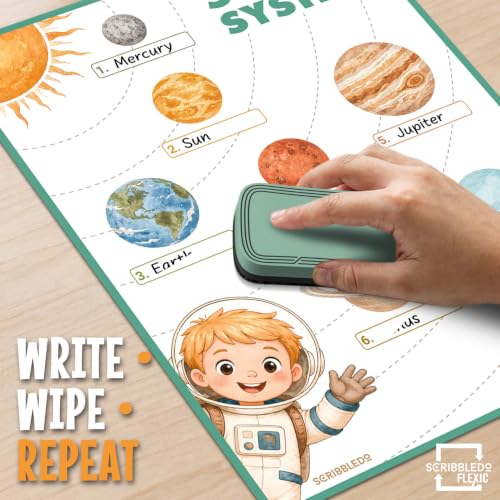 Scribbledo Solar System Dry Erase Sheets Pack of 10, 9x12 Inch 8 Planets Labeling Worksheet Blank Side for Drawing Reusable Space Science Activity for Classroom & Homeschool