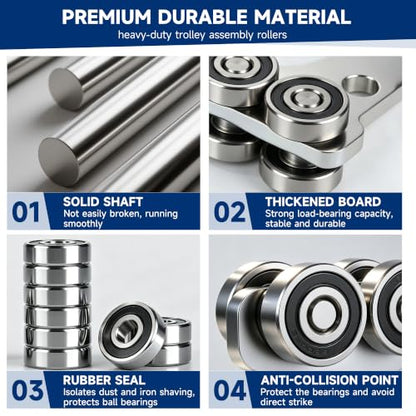 8 Wheel Trolley Assembly Rollers.Bearing Trolley Assembly.The top of the Trolley has Room for Set Screws, Allowing the use of a 1-5/8" high Strut Channel - style: D-8Wheel Trolley 1pcs
