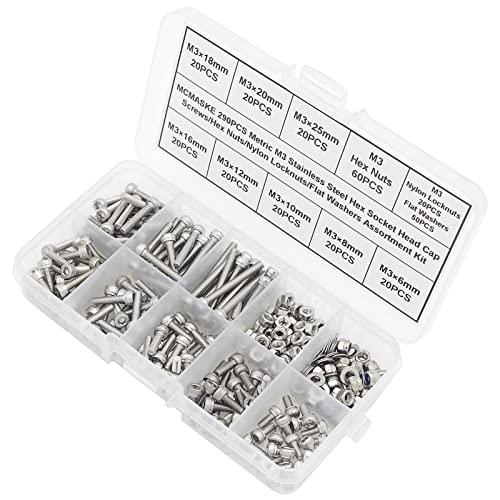290PCS M3 304 SS Knurled Socket Head Cap Screws Nuts Washers Kit - size: M3