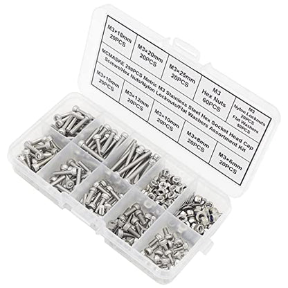 290PCS M3 304 SS Knurled Socket Head Cap Screws Nuts Washers Kit - size: M3