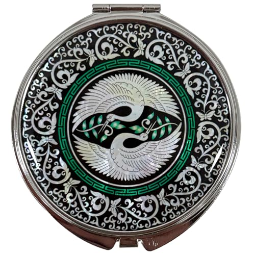 Portable Makeup Compact Double Magnifying Mirror Cosmestic Foldable Pocket Style Unique Mother of Pearl Design (Crane) - color: Crane