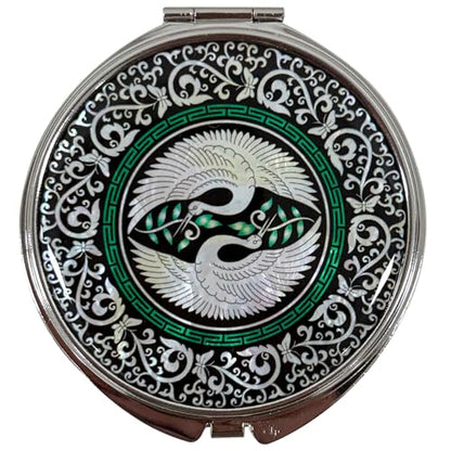 Portable Makeup Compact Double Magnifying Mirror Cosmestic Foldable Pocket Style Unique Mother of Pearl Design (Crane) - color: Crane