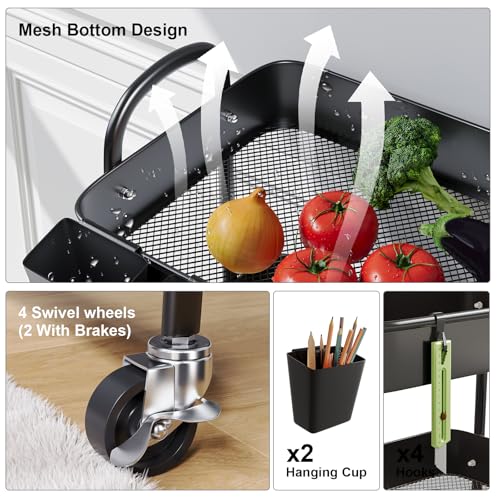 Black 4 Tier Rolling Cart Metal with Lockable Wheels,Four Tiered Dorm Carts - color: Matte Black, size: 4 tier