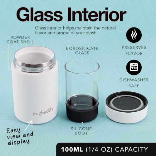 nugbuddy Mini Airtight Storage Container - Vacuum Sealed Insulated w Nested Glass Jar - UV Protection, Temperature Controlled Stainless - 100 ml (1/4 Oz) - color: White, size: 100 ML