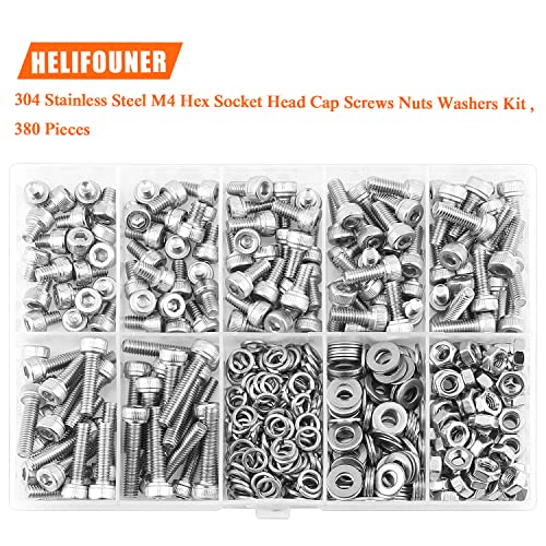 HELIFOUNER 380 Pieces M4 x 5mm /6mm /8mm /10mm /12mm /16mm /20mm, Hex Socket Head Cap Screws Bolts Washers Nuts Kit, 304 Stainless Steel - size: M4, style: Hex Socket Head Cap