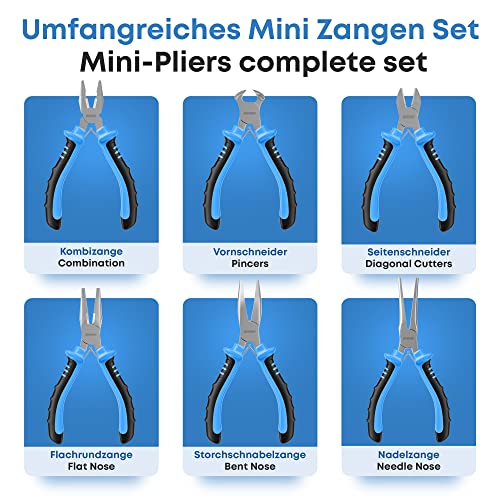 E•Werk - 6-Pc Mini Pliers Set - Linesman, Long Nose, Needle Nose, Bent Nose, Diagonal Cutting & Wire Cutters - Electrician Tool Kit w/Small Pouch - Use for Jewelry Craft & Electronic Repairs