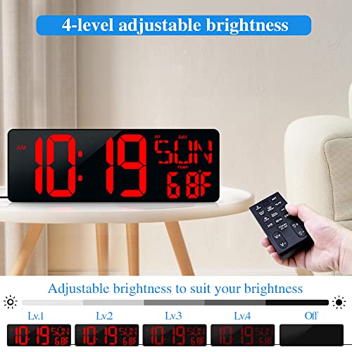 17.2"Large Digital Wall Clock Large Display with Remote Control 180°Visible - color: Red