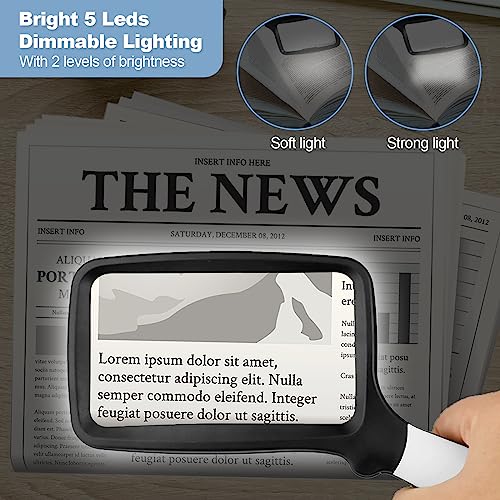 Folding Handheld Magnifying Glass with Light, 3X Large Rectangle Reading Magnifier with Dimmable LED for Macular Degeneration Seniors Reading Inspection Coins Jewelry