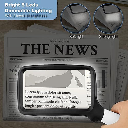 Folding Handheld Magnifying Glass with Light, 3X Large Rectangle Reading Magnifier with Dimmable LED for Macular Degeneration Seniors Reading Inspection Coins Jewelry
