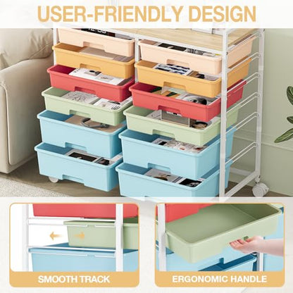 TOOLF 12 Drawers Rolling Storage Cart with Wooden Top for Classroom,Rainbow - color: Rainbow