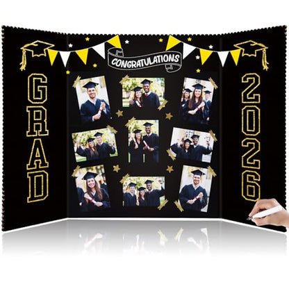Epakh 2026 Graduation Trifold Poster Board 33 x 20 in Black Gold Senior Night Photo Display Board for Class of 2026 Graduation Photo Frames Picture Display for Grad Party Gift Table Decor