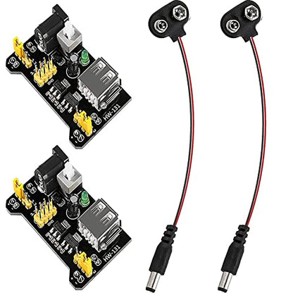 4PCS 3.3V 5V MB102 Breadboard Power Supply Module, with 9V Battery Clip Power Cable 2.1x 5.5mm Male DC Jack Plug DC 6.5-12V USB for Arduino.