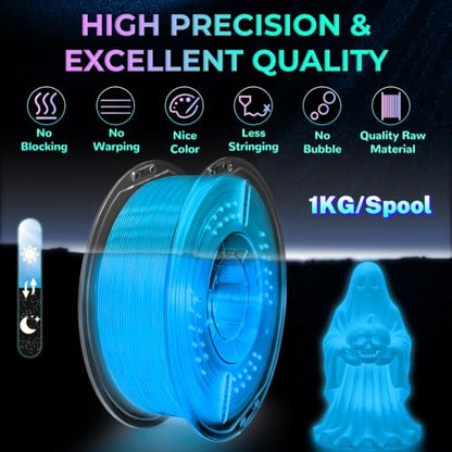 PLA+ 3D Printer Filament, Glow in The Dark Filament 1.75mm, Long-Lasting Glow & High-Brightness, Luminous Blue Bright 3D Printing Filament for Most 3D Printer - 1kg Spool(Glow Blue) - color: Blue