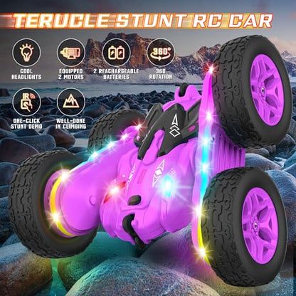 Terucle Remote Control Car, Rc Cars Stunt RC Car Toys New Upgraded Strip Lights and Headlights Girl Toys Double-Sided 360° Rotating 4WD Drift Truck for Boys Girls Birthday Gift (Purple) - color: Purple