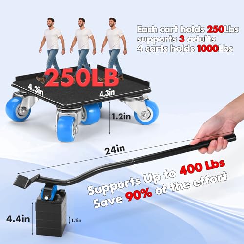 Heavy Duty Furniture Moving Tool Set, Supports up to 1000 Pounds, 5 Wheel Metal Furniture Mover, Furniture Dolly, Appliance Furniture Sliders with Wheels, Furniture Lifter Tool (Blue, 4.3" x4.3") - size: 4.3" x4.3"