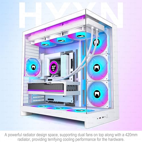 H2 (2026) HYXN ATX PC Case, Pre-installed 8 PWM ARGB Fans (6X140mm,2X120mm), Large Dual-Chamber ATX Mid-Tower Airflow Computer Case, Gaming PC Case, 420mm Radiator Support, Type-C 3.2 (White RGB) - color: White RGB