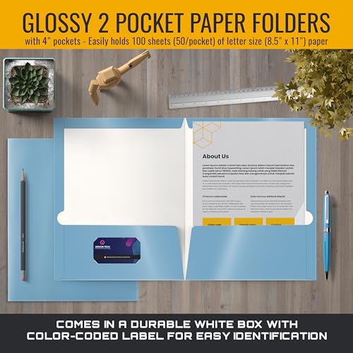 Better Office Products 2 Pocket Glossy Laminated Light Blue Paper Folders, Letter Size, Lt. Blue Paper Portfolios Box of 25 Light Blue Folders - color: Lt. Blue