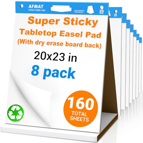 AFMAT Tabletop Sticky Easel Pad & Dry Erase Board 2 in 1, 20 x 23 in Portable Easel Stands for Teachers, Super Sticky & Bleed-Resistant, Ideal for Meetings/Training/Presentation, 20 Sheets/Pad, 8 Pads