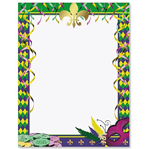 PaperDirect Mardi Gras Affair Border Papers, Party Stationery with Yellow Green Purple Harlequin Diamonds, Mask and Coins, 8.5 x 11, Acid-Free, Ideal for School, Business, Cards, 25 Sheets - color: Mardi Gras Affair