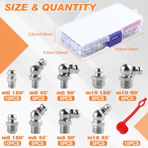 70 PCS Metric Hydraulic Grease Fittings Assortment, M6 M8 M10 Straight 45° 90° Angled Zerk Grease Fitting with Cap, Galvanized Steel Grease Zerk Kit for Bearing Housing Mechanical Lubrication