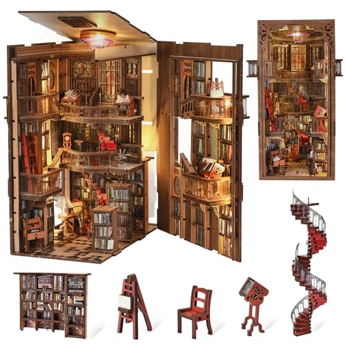 MiniCity Abbey Library Book Nook Kit, 3D Wooden Bookshelf Puzzle with LED - color: Abbey Library
