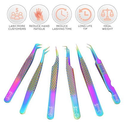 Eyelash Extension Tweezers Set of 6, Japanese Steel, Rainbow - color: Rainbow