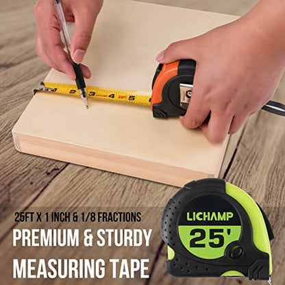 LICHAMP Tape Measure 25 ft, 6 Pack Bulk Easy Read Measuring Tape Retractable with Fractions 1/8, Multipack Measurement Tapes 25-Foot by 1-Inch, C6GN - color: Green