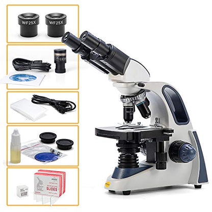 SWIFT SW380B 40X-2500X Magnification, Research-Grade Binocular Compound Lab Microscope, Mechanical Stage, with 5.0 mp Camera and Software Windows/Mac Compatible and 100pcs Blank Slides - style: SW380B+5.0 camera+sildes