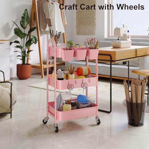 3 Tier Metal Rolling Cart with Lockable Wheels, Three Tiered Storage Carts - color: Fashion Pink, size: 3 tier