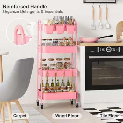 4 Tier Rolling Cart Metal with Lockable Wheels, Four Tiered Utility Carts - color: Fashion Pink, size: 4 tier