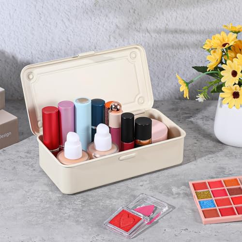moheaaei White Small Steel Storage Box with Lid, 2-Pack Rectangular Metal Hinged Tin Boxes - 7.9x4x2 Inch Organizer for Scrapbook Stamps, Tools, Jewelry & Office Supplies