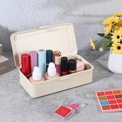 moheaaei White Small Steel Storage Box with Lid, 2-Pack Rectangular Metal Hinged Tin Boxes - 7.9x4x2 Inch Organizer for Scrapbook Stamps, Tools, Jewelry & Office Supplies