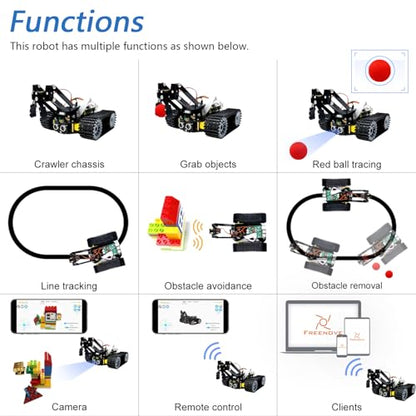 Freenove Tank Robot Kit for Raspberry Pi 5 4 B 3 B+ Zero 2 W, Crawler Chassis, Grab Objects, Ball Tracing, Line Tracking, Obstacle Avoidance, App Control, Camera, Servo (Raspberry Pi NOT Included)