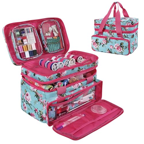 SINGER Sewing Accessories Organizer (Bag Only) – Double Layer Portable Sewing Storage Bag | 2 Detachable Pouches and 18 Compartments, Large Sewing Supplies & Crafting Carry-All (Turquoise Floral) - color: Turquoise Floral