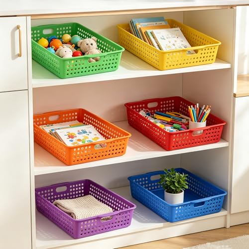 6 Pack Plastic Classroom Storage Bins with 6Pcs Small Baskets, Colorful Turn in Paper Trays for Classroom,Teachers, Students(13.6”×10.6”×3.1”) - color: Rainbow